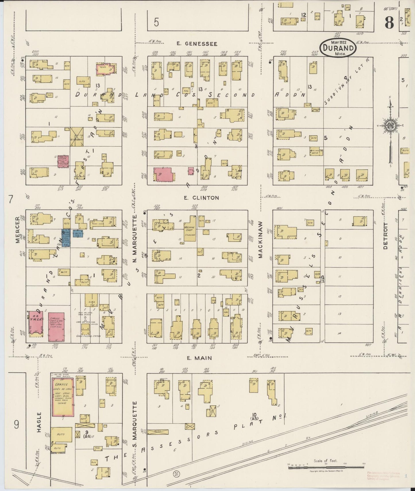 Sanborn Fire Insurance Map from Durand, Shiawassee County, Michigan (1922), Sheet #0008 - Historic Sanborn Fire Insurance Map Print, vintage old map wall art, antique decor, genealogy gift, Michigan Michigan map