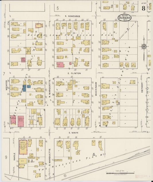 Sanborn Fire Insurance Map from Durand, Shiawassee County, Michigan (1922), Sheet #0008 - Historic Sanborn Fire Insurance Map Print, vintage old map wall art, antique decor, genealogy gift, Michigan Michigan map