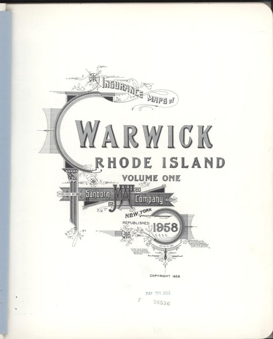 Sanborn Fire Insurance Map from Warwick, Kent County, Rhode Island (1958), Sheet #0001 - Historic Sanborn Fire Insurance Map Print, vintage old map wall art, antique decor, genealogy gift, Rhode Island Rhode Island map