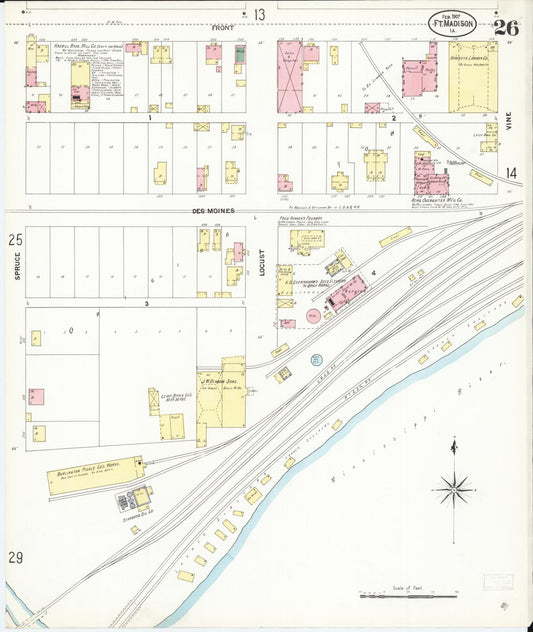 Sanborn Fire Insurance Map from Fort Madison, Lee County, Iowa (1907), Sheet #0026 - Historic Sanborn Fire Insurance Map Print, vintage old map wall art