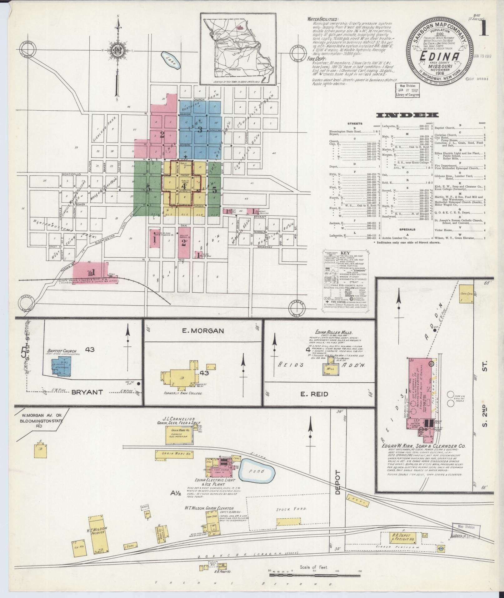 Sanborn Fire Insurance Map from Edina, Knox County, Missouri (1916), Sheet #0001 - Historic Sanborn Fire Insurance Map Print, vintage old map wall art, antique decor, genealogy gift, Missouri Missouri map