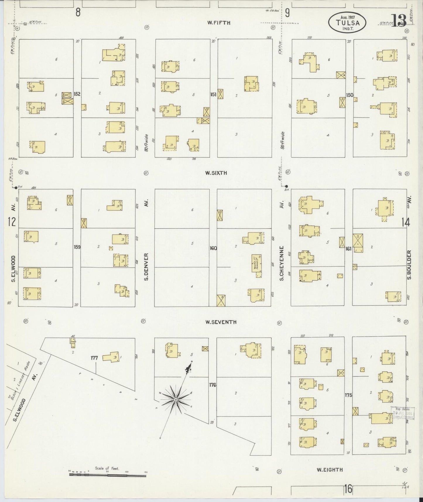 Sanborn Fire Insurance Map from Tulsa, Tulsa County, Oklahoma (1907), Sheet #0013 - Complete Map Set gallery image, historic Sanborn map, vintage wall art, Oklahoma Oklahoma