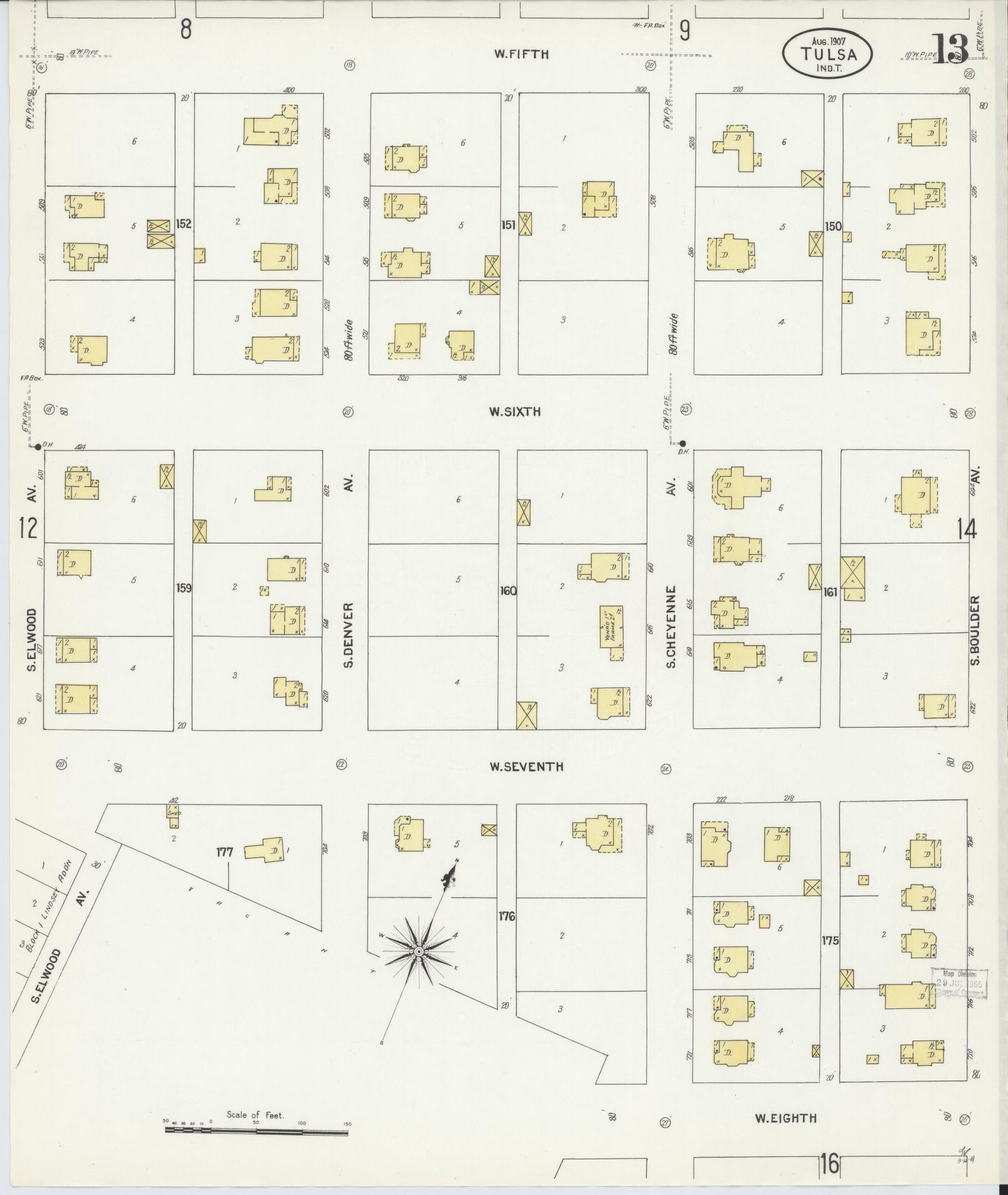 Sanborn Fire Insurance Map from Tulsa, Tulsa County, Oklahoma (1907), Sheet #0013 - Complete Map Set gallery image, historic Sanborn map, vintage wall art, Oklahoma Oklahoma