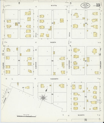 Sanborn Fire Insurance Map from Tulsa, Tulsa County, Oklahoma (1907), Sheet #0013 - Complete Map Set gallery image, historic Sanborn map, vintage wall art, Oklahoma Oklahoma