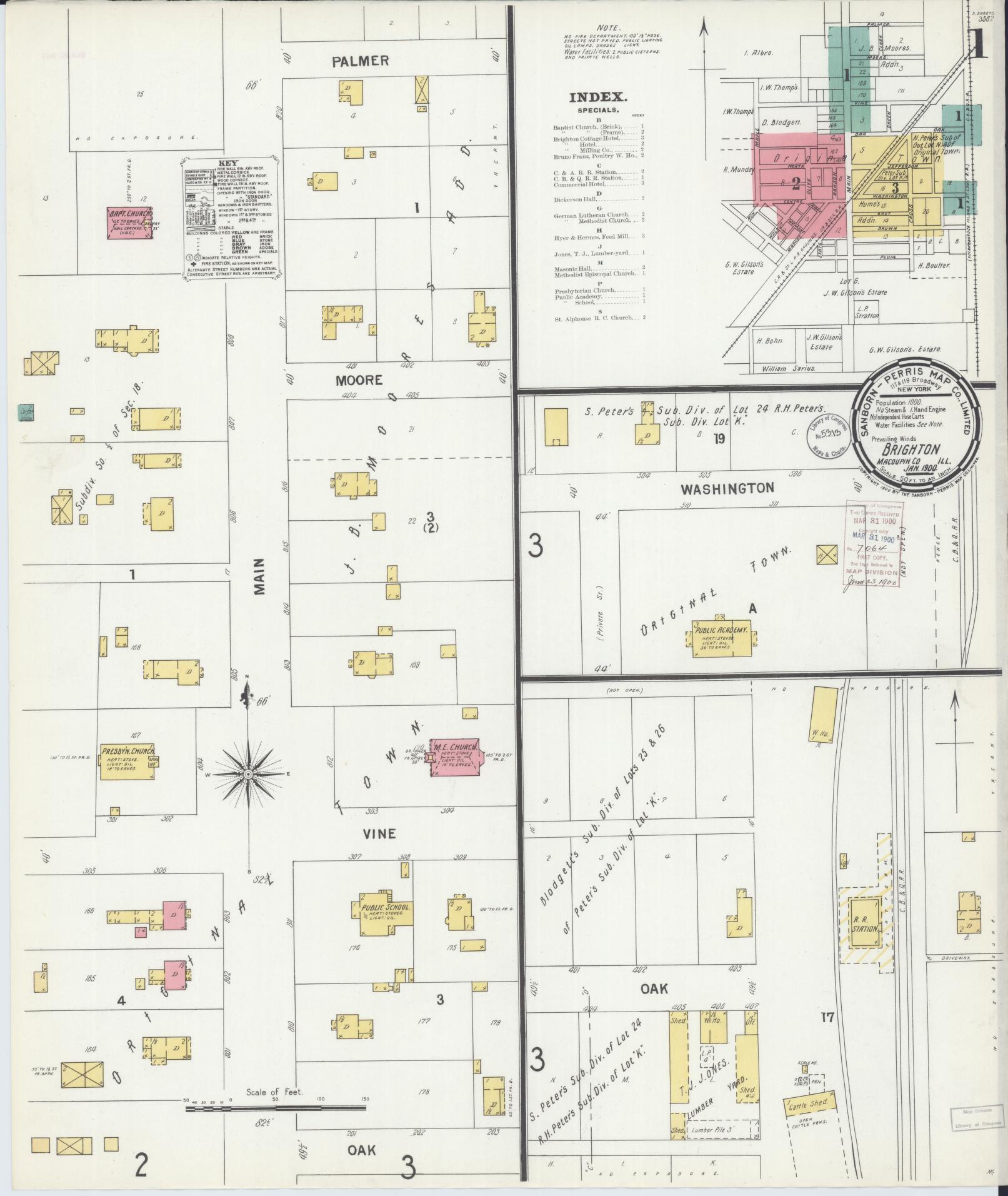 Sanborn Fire Insurance Map from Brighton, Macoupin County, Illinois (1900), Sheet #0001 - Historic Sanborn Fire Insurance Map Print, vintage old map wall art, antique decor, genealogy gift, Illinois Illinois map