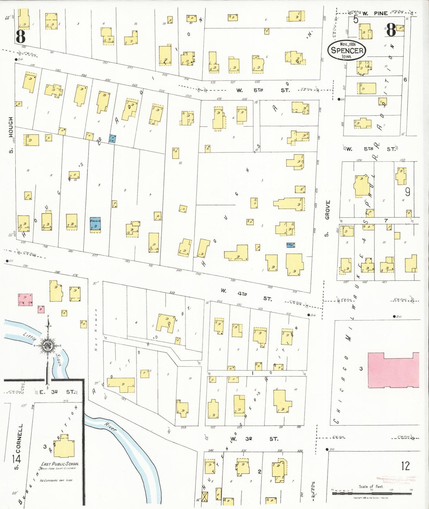 Sanborn Fire Insurance Map from Spencer, Clay County, Iowa (1924), Sheet #0008 - Historic Sanborn Fire Insurance Map Print, vintage old map wall art