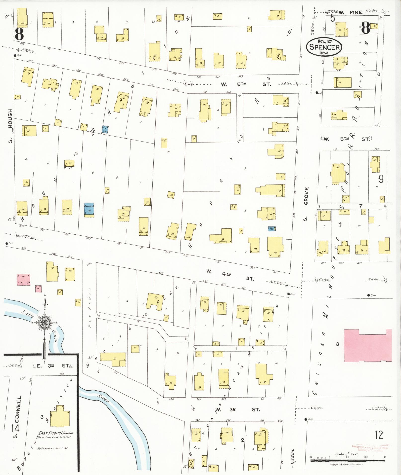 Sanborn Fire Insurance Map from Spencer, Clay County, Iowa (1924), Sheet #0008 - Historic Sanborn Fire Insurance Map Print, vintage old map wall art