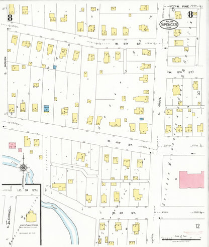 Sanborn Fire Insurance Map from Spencer, Clay County, Iowa (1924), Sheet #0008 - Historic Sanborn Fire Insurance Map Print, vintage old map wall art