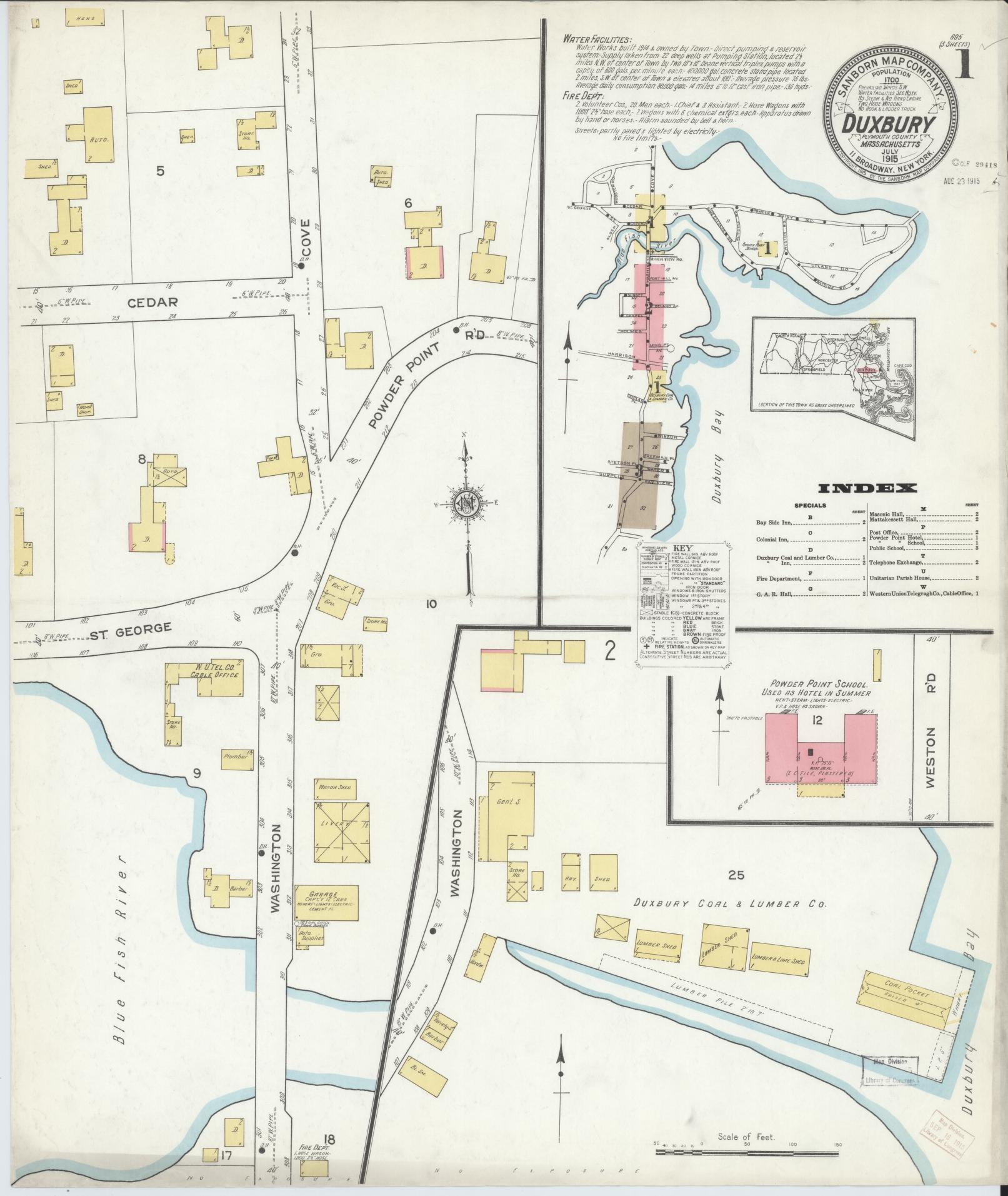 Sanborn Fire Insurance Map from Duxbury, Plymouth County, Massachusetts (1915), Sheet #0001 - Historic Sanborn Fire Insurance Map Print, vintage old map wall art, antique decor, genealogy gift, Massachusetts Massachusetts map