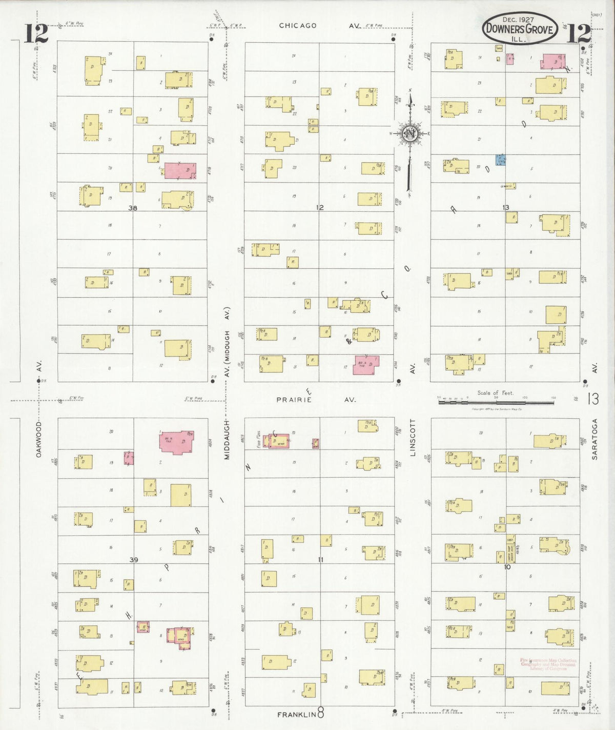 Sanborn Fire Insurance Map from Downers Grove, Dupage County, Illinois (1927), Sheet #0012 - Complete Map Set gallery image, historic Sanborn map, vintage wall art, Illinois Illinois