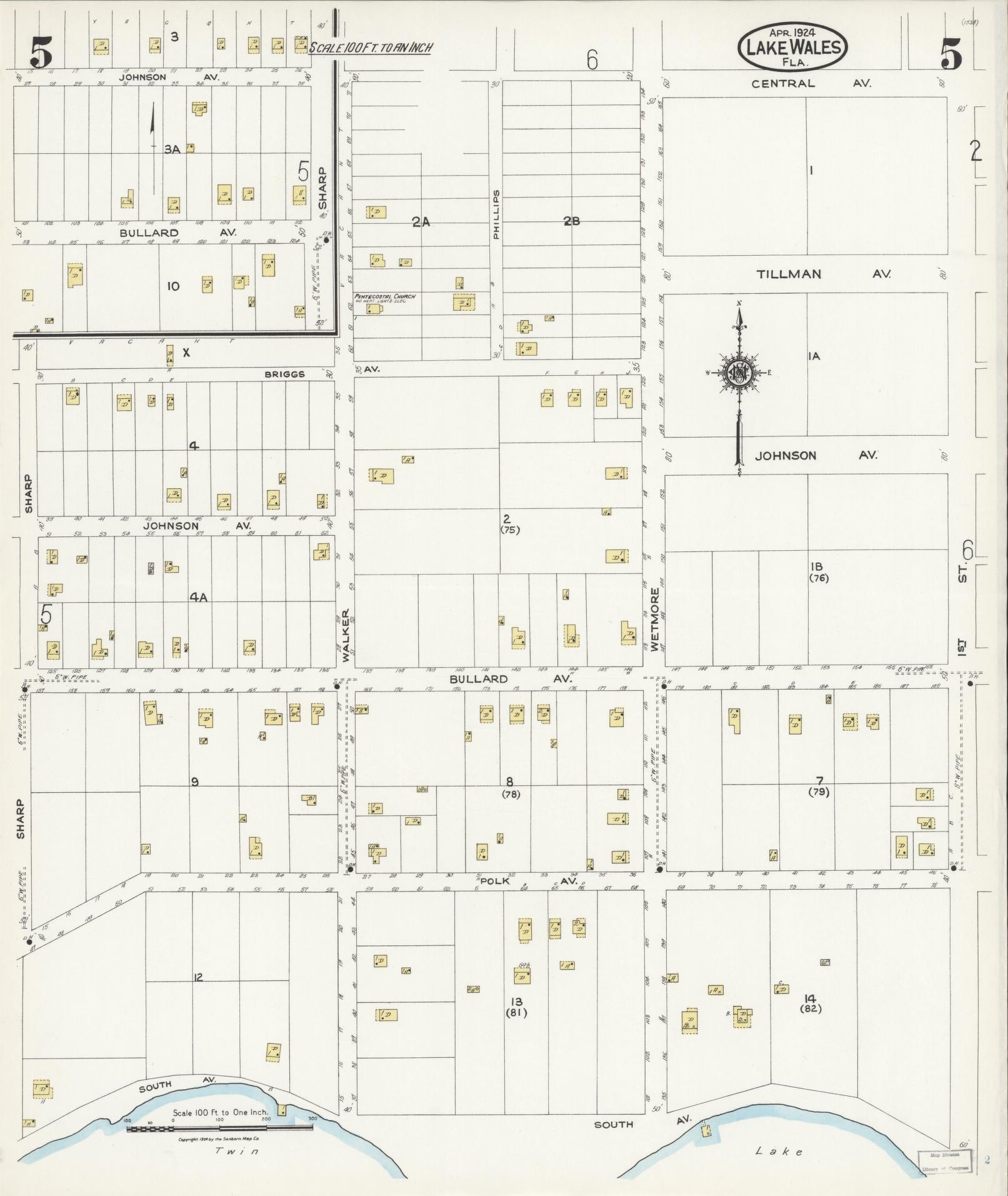 Sanborn Fire Insurance Map from Lake Wales, Polk County, Florida (1924), Sheet #0005 - Complete Map Set gallery image, historic Sanborn map, vintage wall art, Florida Florida