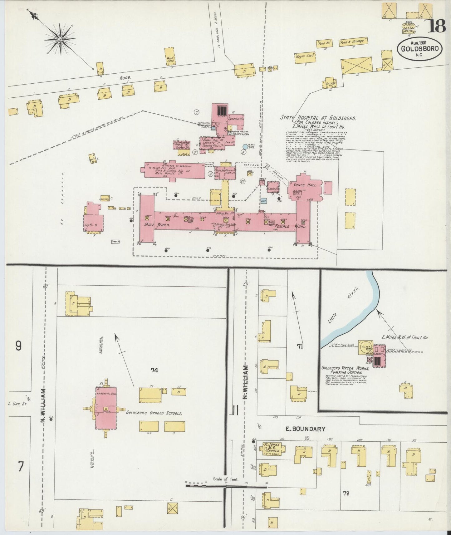 Sanborn Fire Insurance Map from Goldsboro, Wayne County, North Carolina (1901), Sheet #0018 - Complete Map Set gallery image, historic Sanborn map, vintage wall art, North Carolina North Carolina