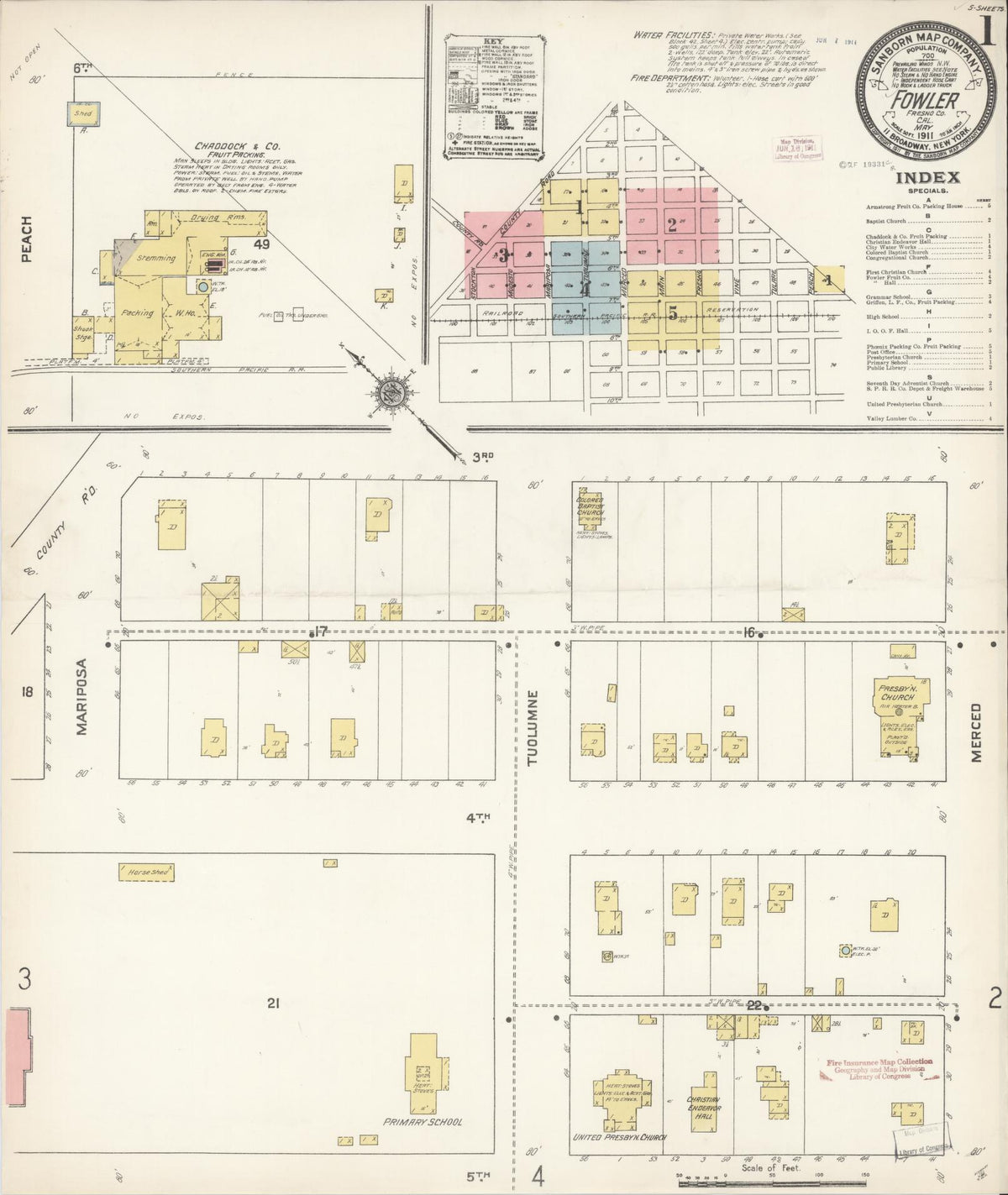 Sanborn Fire Insurance Map from Fowler, Fresno County, California (1911), Sheet #0001 - Complete Map Set gallery image, historic Sanborn map, vintage wall art, California California