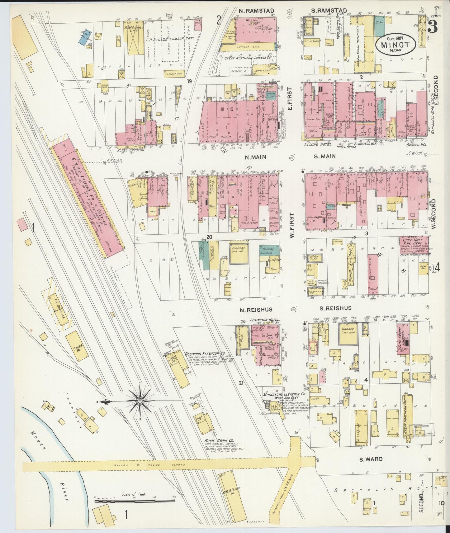 Sanborn Fire Insurance Map from Minot, Ward County, North Dakota (1907), Sheet #0003 - Historic Sanborn Fire Insurance Map Print, vintage old map wall art, antique decor, genealogy gift, North Dakota North Dakota map