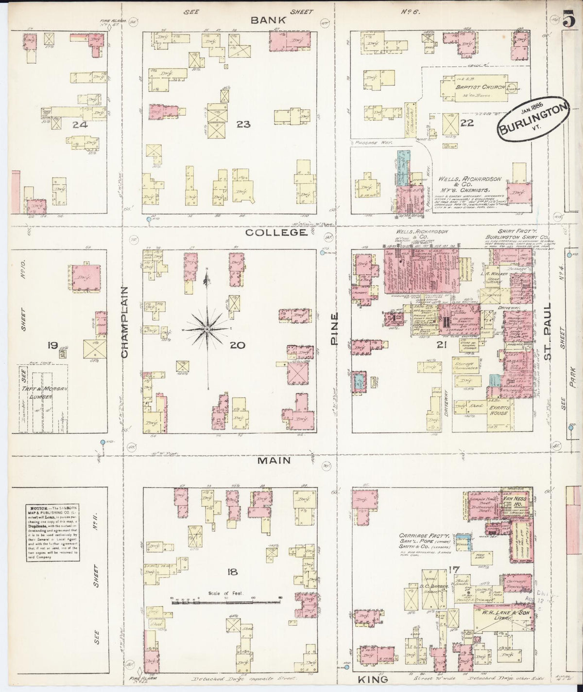 Sanborn Fire Insurance Map from Burlington, Chittenden County, Vermont (1885), Sheet #0005 - Historic Sanborn Fire Insurance Map Print, vintage old map wall art, antique decor, genealogy gift, Vermont Vermont map