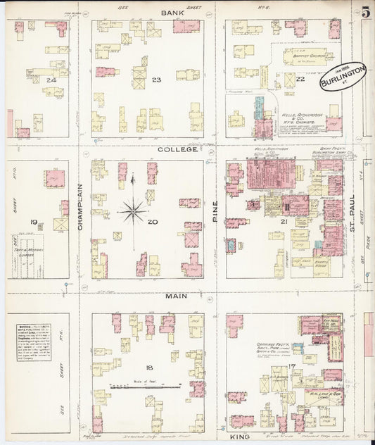 Sanborn Fire Insurance Map from Burlington, Chittenden County, Vermont (1885), Sheet #0005 - Historic Sanborn Fire Insurance Map Print, vintage old map wall art, antique decor, genealogy gift, Vermont Vermont map