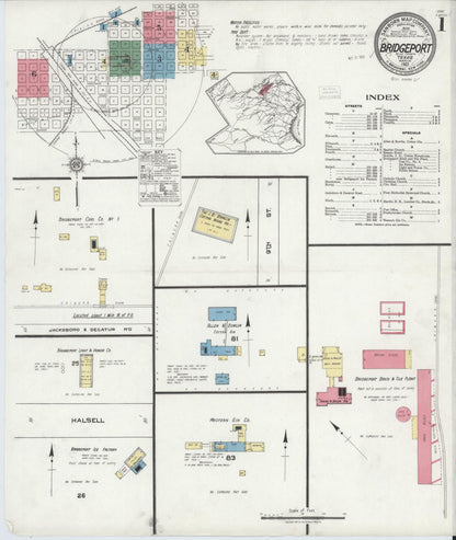 Sanborn Fire Insurance Map from Bridgeport, Wise County, Texas (1921), Sheet #0001 - Historic Sanborn Fire Insurance Map Print, vintage old map wall art, antique decor, genealogy gift, Texas Texas map