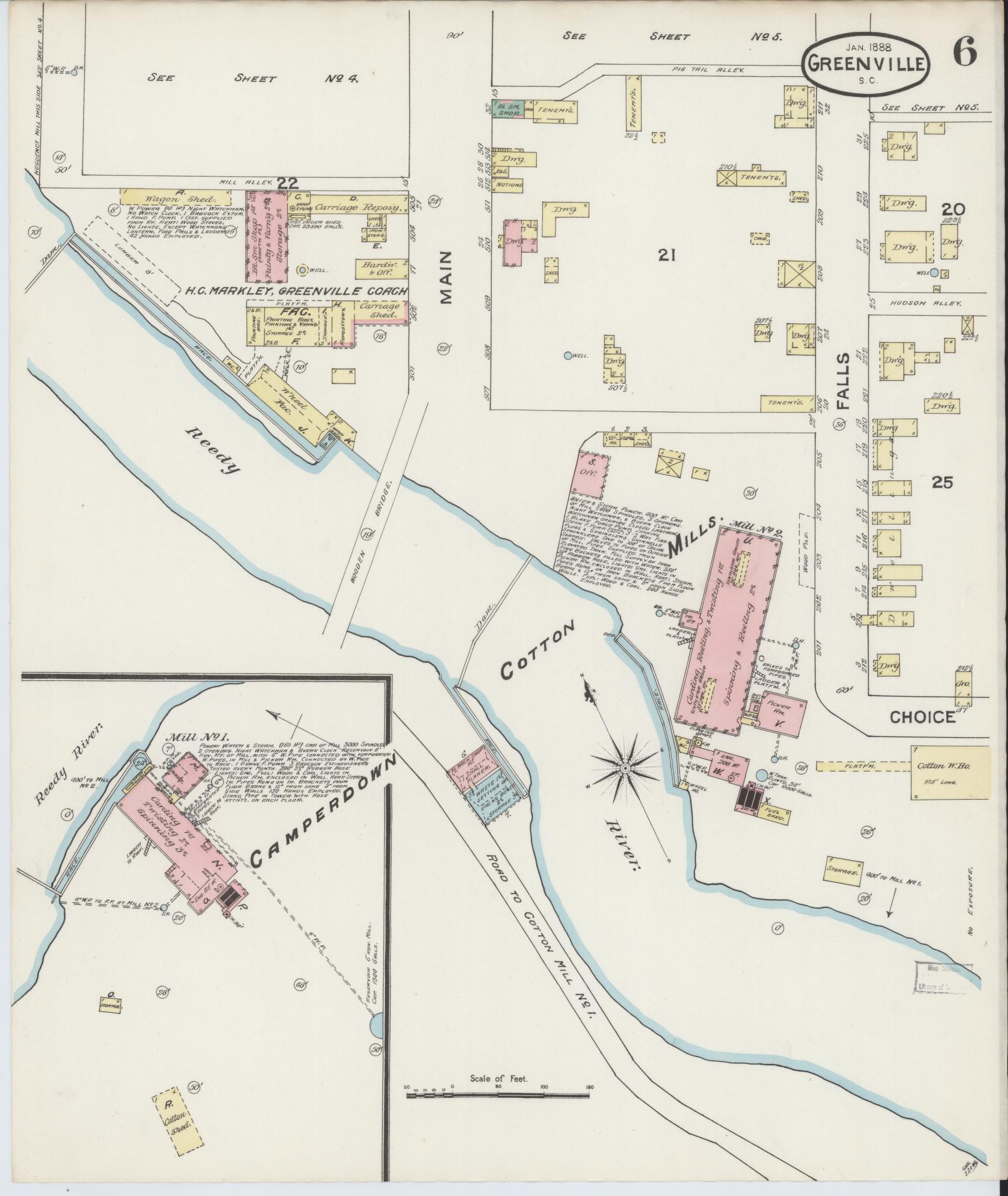 Sanborn Fire Insurance Map from Greenville, Greenville County, South Carolina (1888), Sheet #0006 - Complete Map Set gallery image, historic Sanborn map, vintage wall art, South Carolina South Carolina