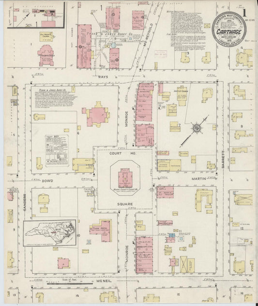 Sanborn Fire Insurance Map from Carthage, Moore County, North Carolina (1915), Sheet #0001 - Complete Map Set gallery image, historic Sanborn map, vintage wall art, North Carolina North Carolina