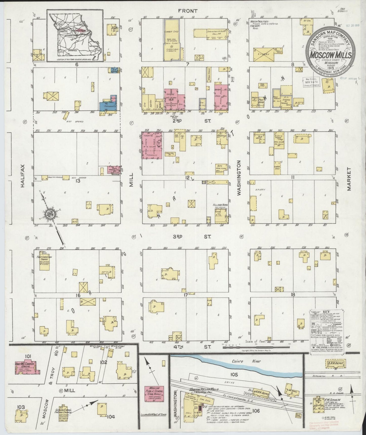 Sanborn Fire Insurance Map from Moscow Mills, Lincoln County, Missouri (1919), Sheet #0001 - Historic Sanborn Fire Insurance Map Print, vintage old map wall art, antique decor, genealogy gift, Missouri Missouri map