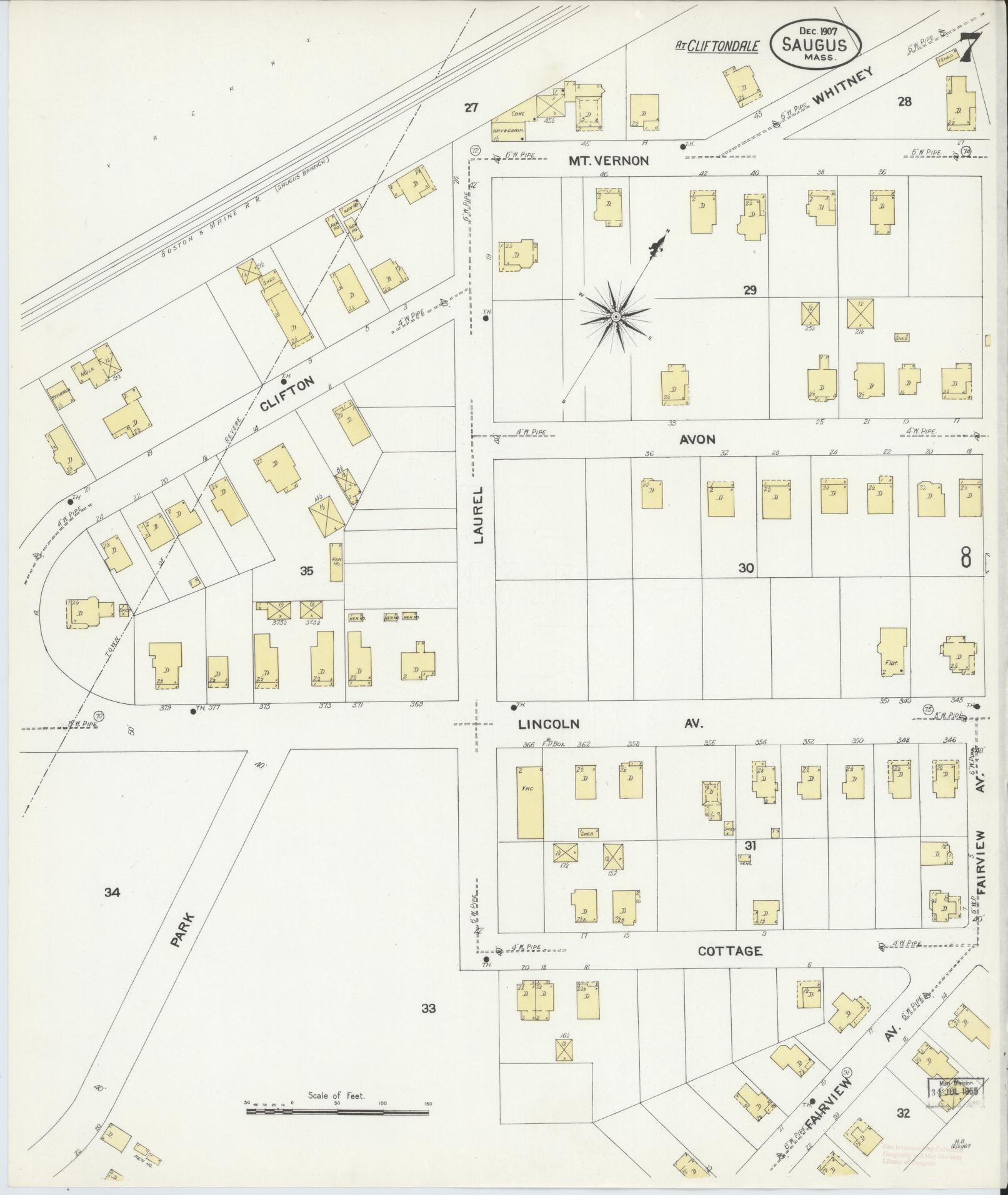 Sanborn Fire Insurance Map from Saugus, Essex County, Massachusetts (1907), Sheet #0007 - Historic Sanborn Fire Insurance Map Print, vintage old map wall art, antique decor, genealogy gift, Massachusetts Massachusetts map