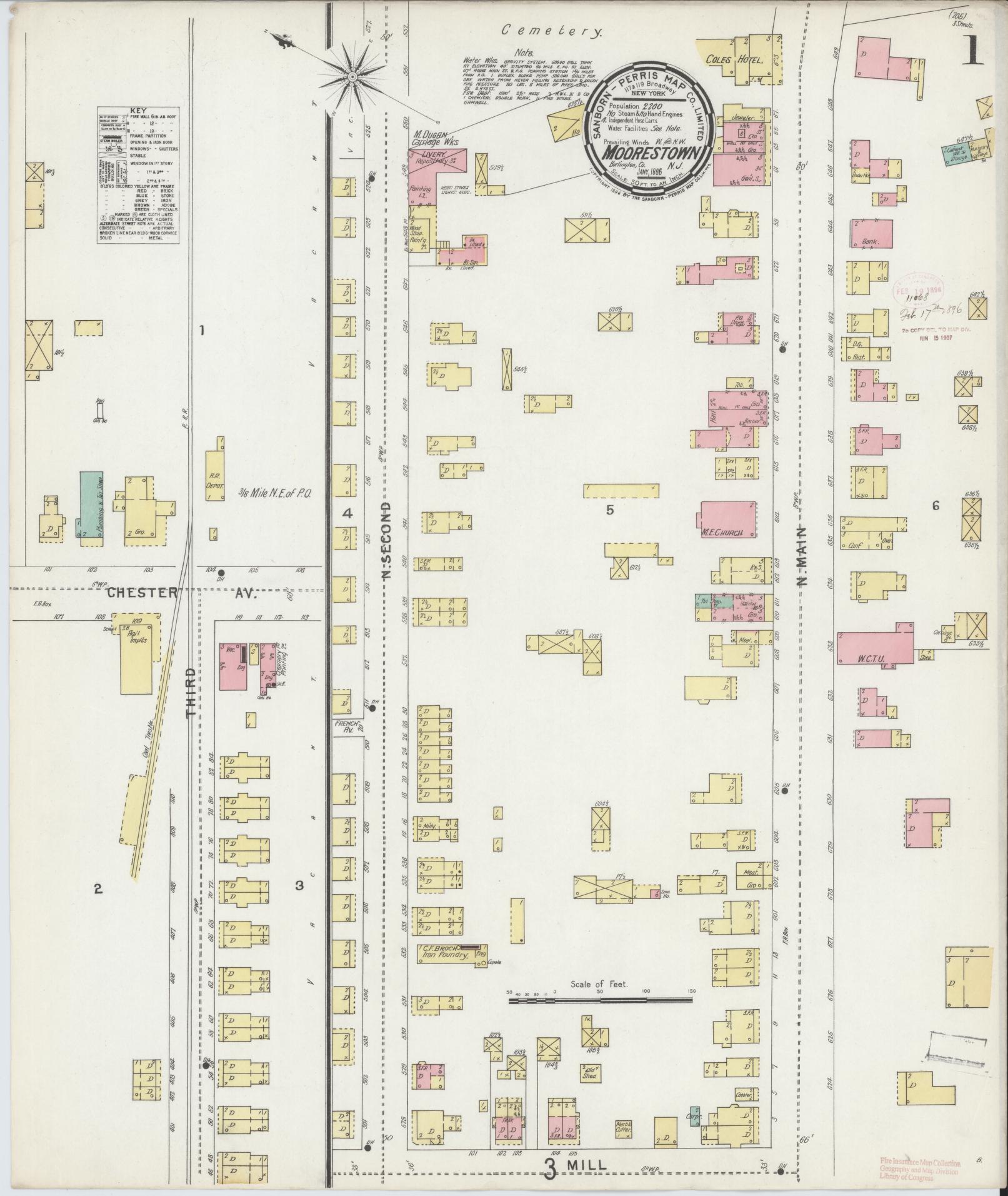 Sanborn Fire Insurance Map from Moorestown, Burlington County, New Jersey. (1896) – Historic Sanborn Fire Insurance Map Print