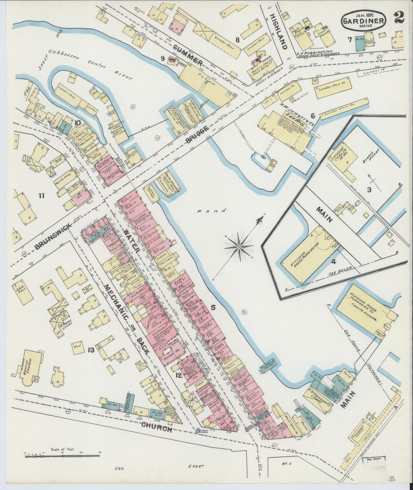 Sanborn Fire Insurance Map from Gardiner, Kennebec County, Maine (1892), Sheet #0002 - Complete Map Set gallery image, historic Sanborn map, vintage wall art, Maine Maine