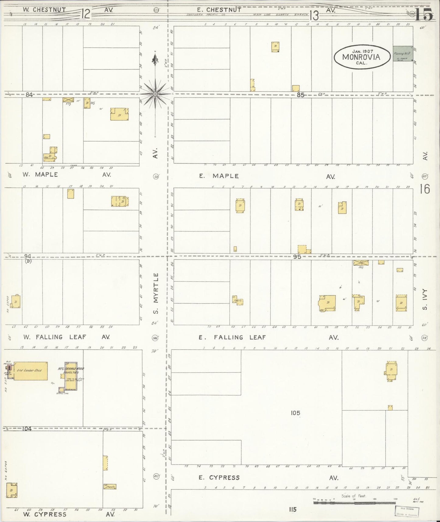 Sanborn Fire Insurance Map from Monrovia, Los Angeles County, California (1907), Sheet #0015 - Complete Map Set gallery image, historic Sanborn map, vintage wall art, California California