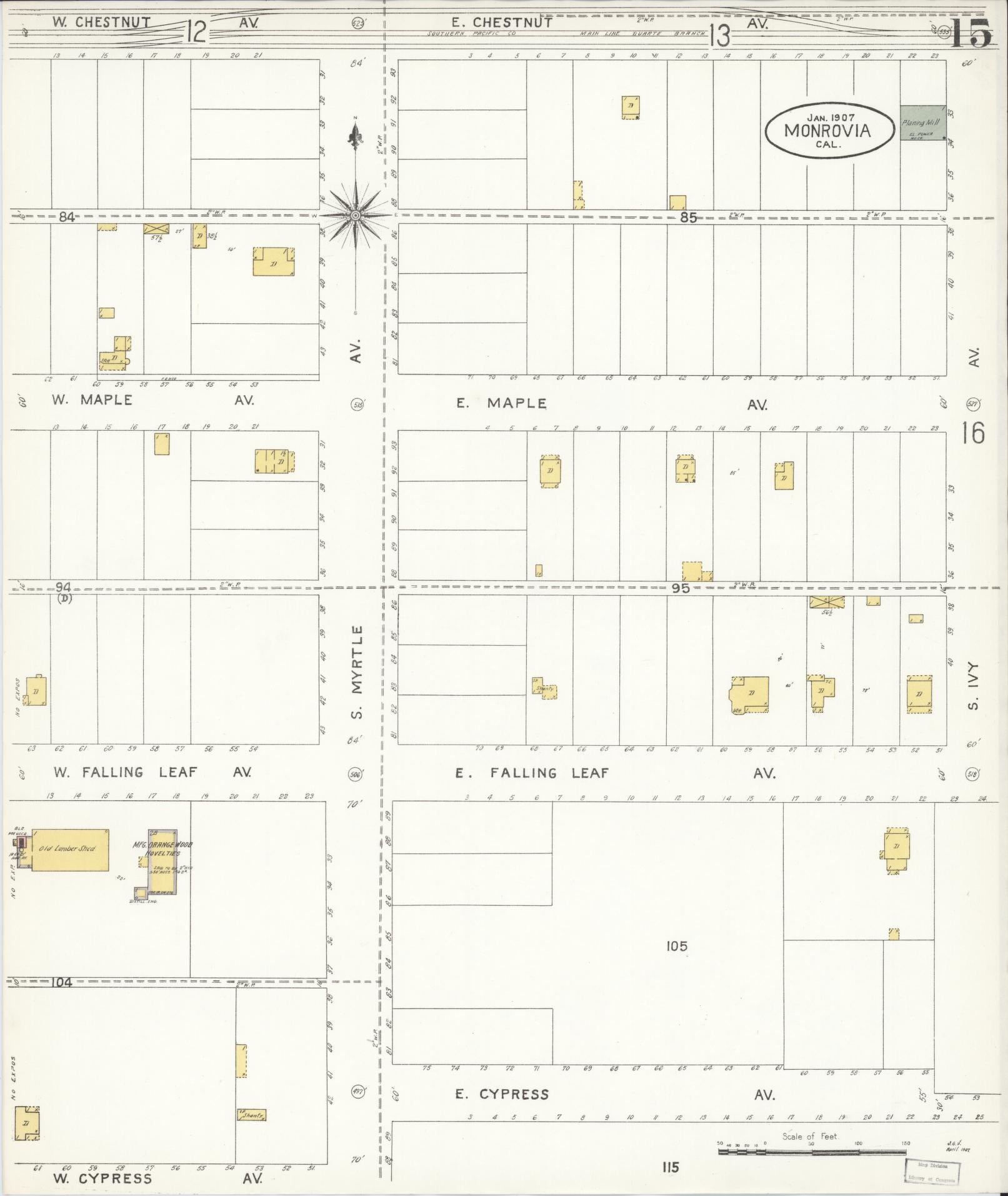 Sanborn Fire Insurance Map from Monrovia, Los Angeles County, California (1907), Sheet #0015 - Complete Map Set gallery image, historic Sanborn map, vintage wall art, California California
