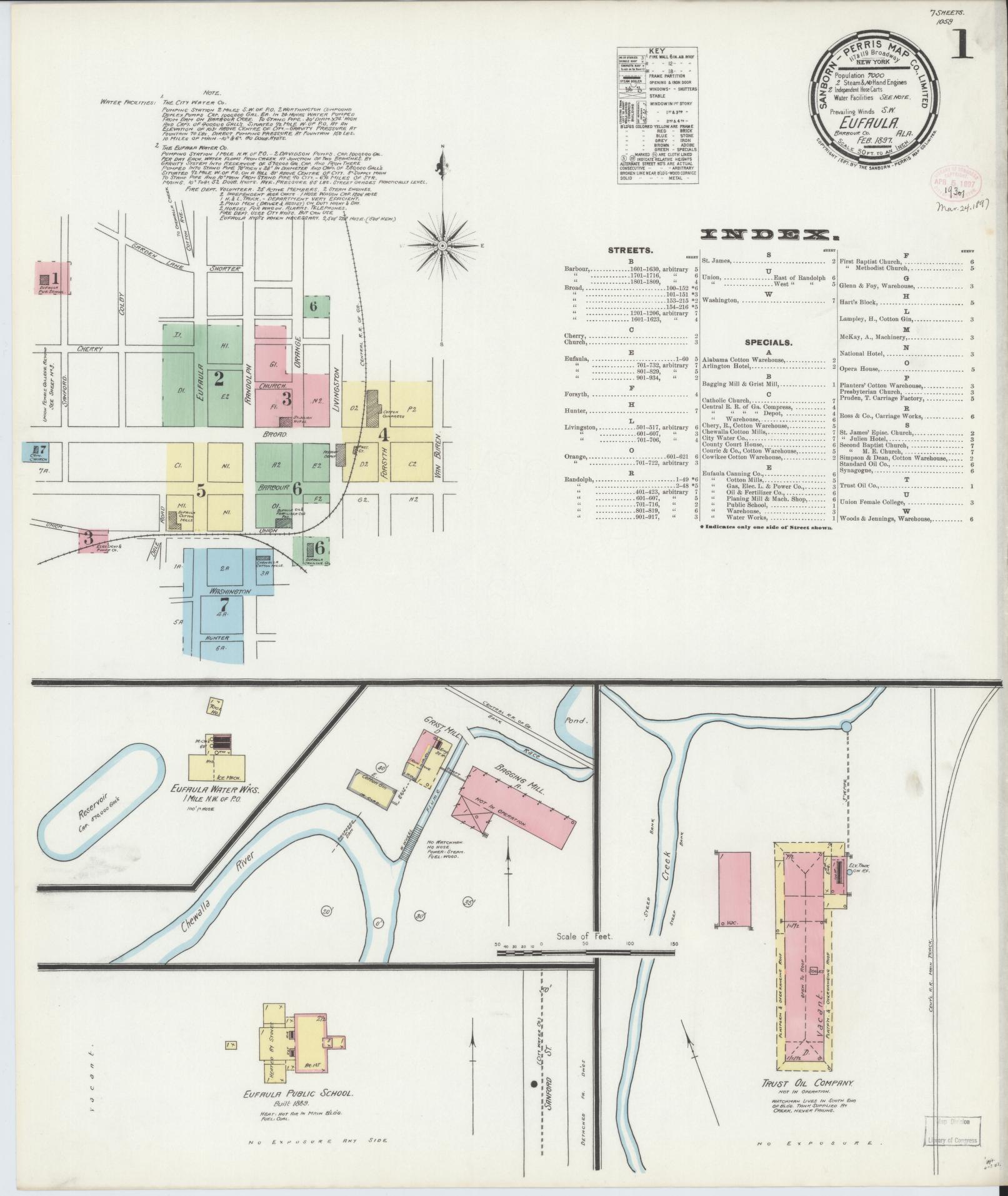 Sanborn Fire Insurance Map from Eufaula, Barbour County, Alabama (1897), Sheet #0001 - Historic Sanborn Fire Insurance Map Print, vintage old map wall art, antique decor, genealogy gift, Alabama Alabama map