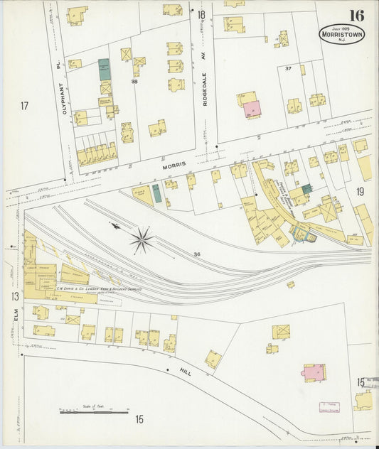 Sanborn Fire Insurance Map from Morristown, Morris County, New Jersey (1909), Sheet #0016 - Historic Sanborn Fire Insurance Map Print, vintage old map wall art, antique decor, genealogy gift, New Jersey New Jersey map