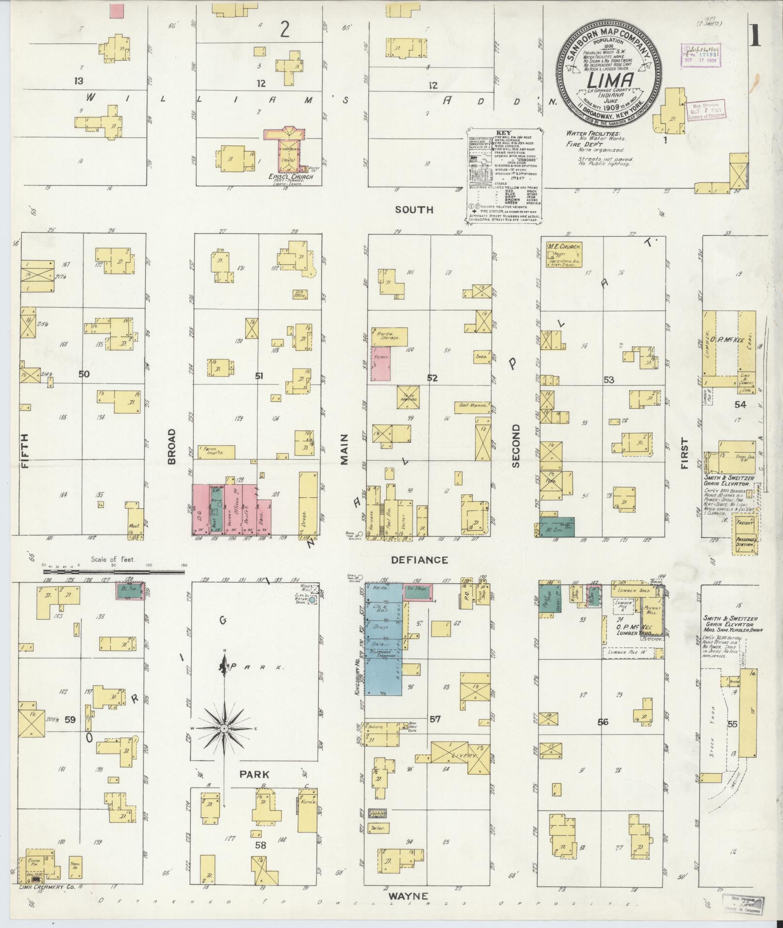 Sanborn Fire Insurance Map from Lima, LaGrange County, Indiana (1909), Sheet #0001 - Complete Map Set gallery image, historic Sanborn map, vintage wall art, Indiana Indiana