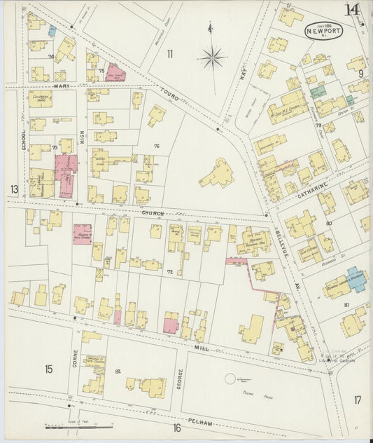 Sanborn Fire Insurance Map from Newport, Newport County, Rhode Island (1896), Sheet #0014 - Historic Sanborn Fire Insurance Map Print, vintage old map wall art, antique decor, genealogy gift, Rhode Island Rhode Island map