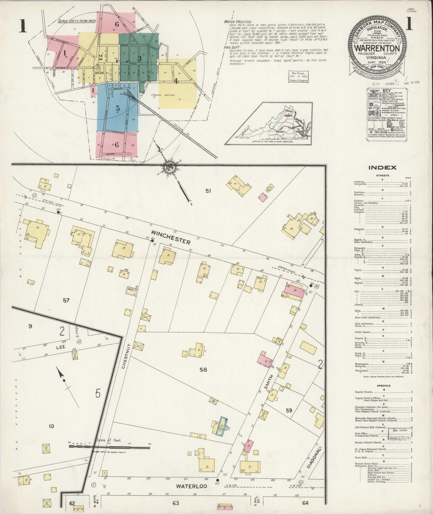Sanborn Fire Insurance Map from Warrenton, Fauquier County, Virginia (1924), Sheet #0001 - Historic Sanborn Fire Insurance Map Print, vintage old map wall art, antique decor, genealogy gift, Virginia Virginia map