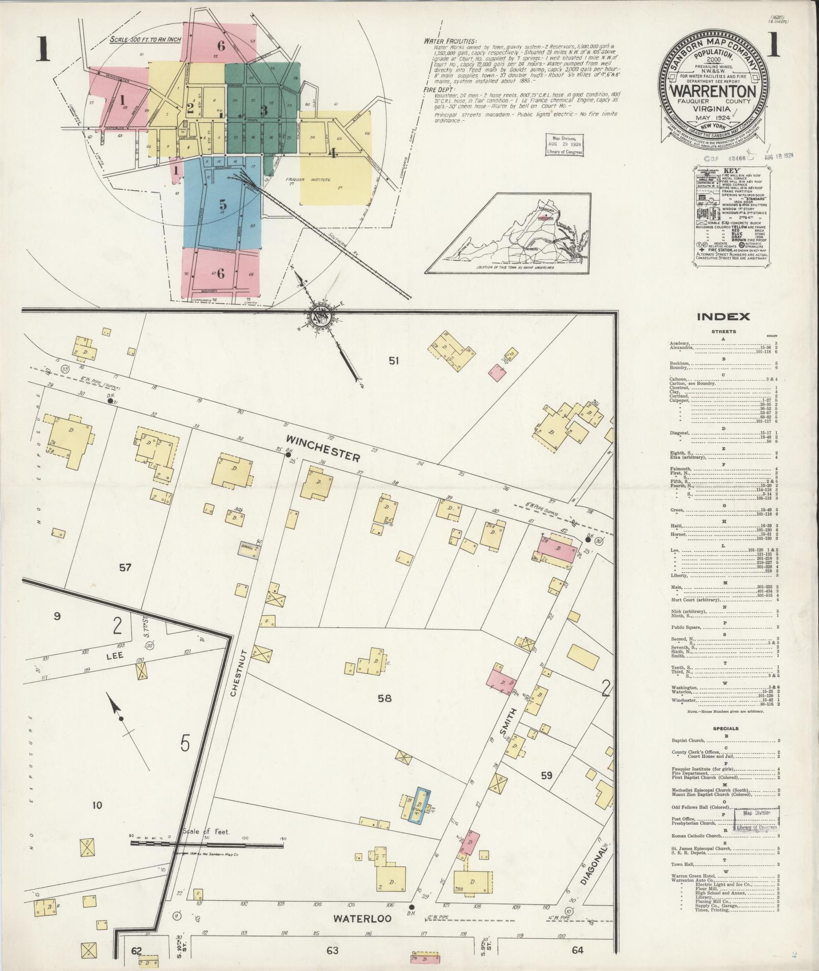 Sanborn Fire Insurance Map from Warrenton, Fauquier County, Virginia (1924), Sheet #0001 - Historic Sanborn Fire Insurance Map Print, vintage old map wall art, antique decor, genealogy gift, Virginia Virginia map