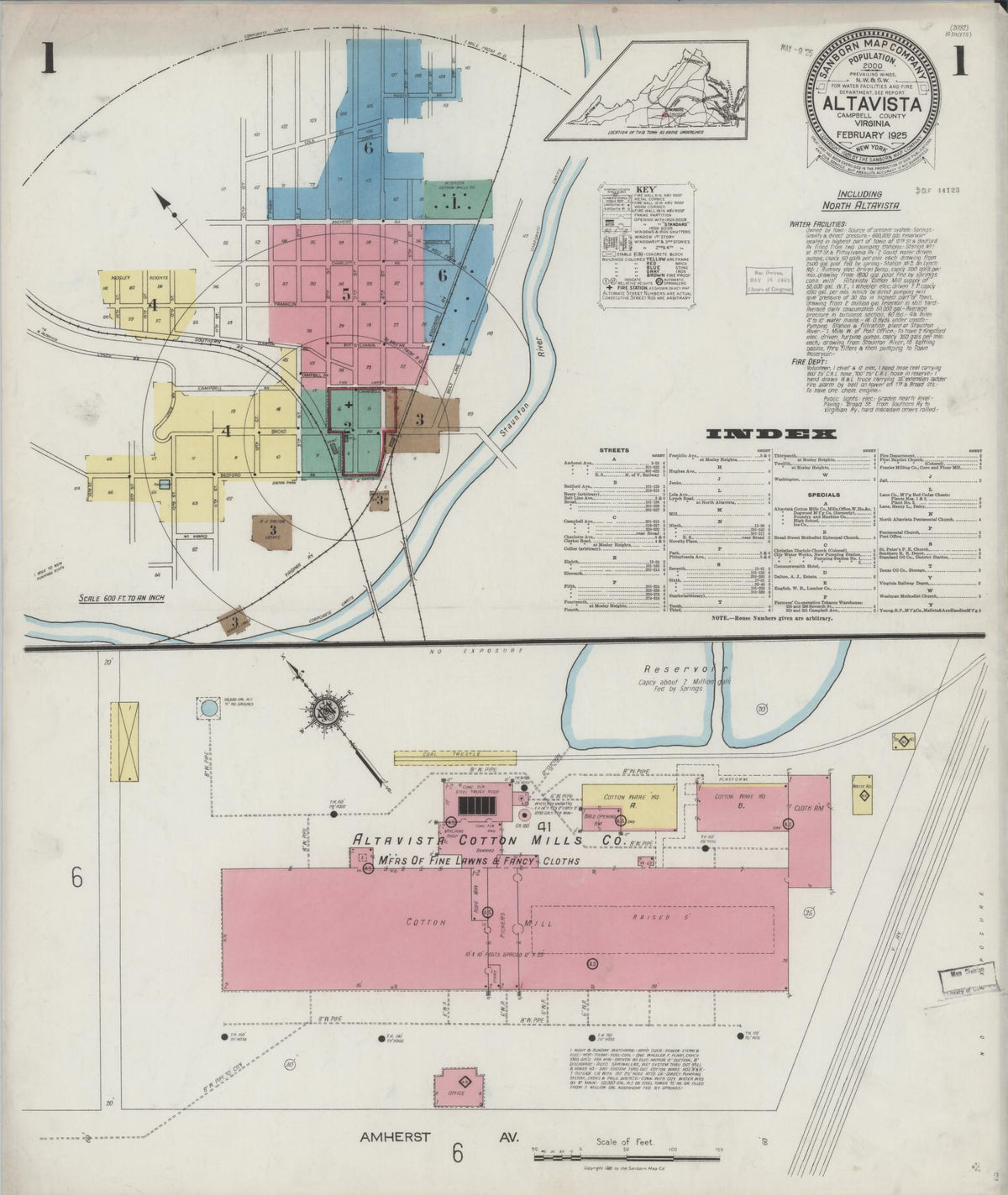 Sanborn Fire Insurance Map from Altavista, Campbell County, Virginia (1925), Sheet #0001 - Complete Map Set gallery image, historic Sanborn map, vintage wall art, Virginia Virginia