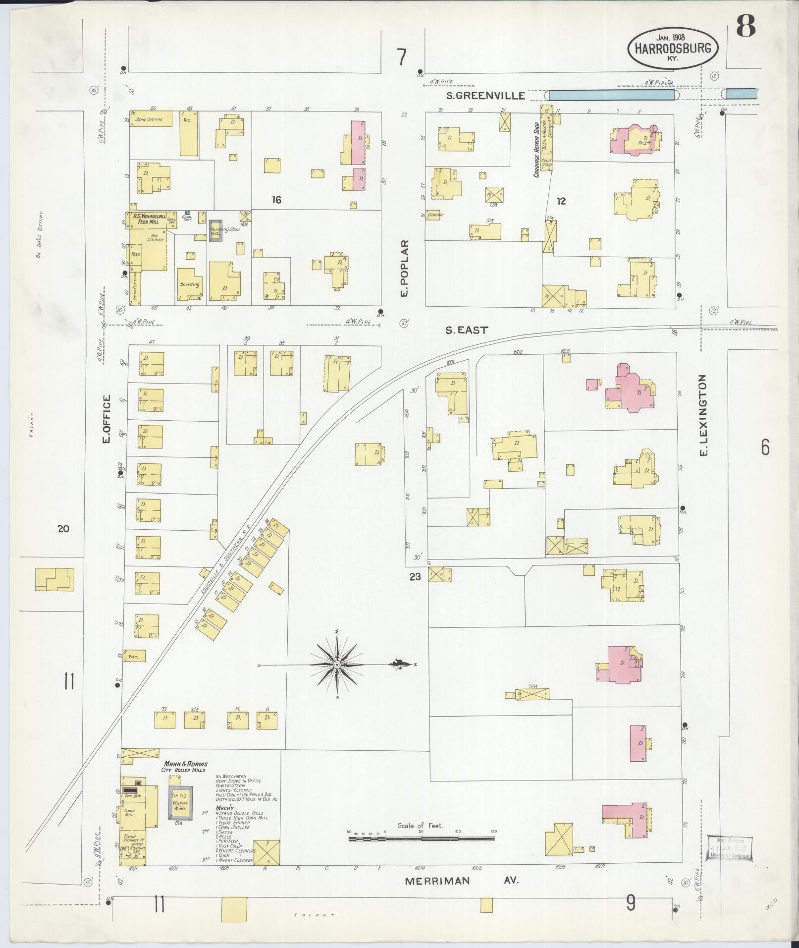Sanborn Fire Insurance Map from Harrodsburg, Mercer County, Kentucky (1908), Sheet #0008 - Complete Map Set gallery image, historic Sanborn map, vintage wall art, Kentucky Kentucky