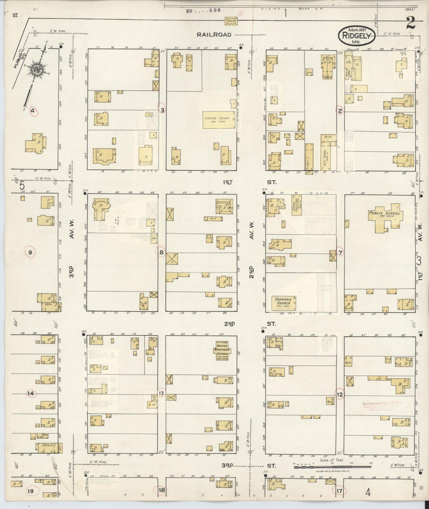 Sanborn Fire Insurance Map from Ridgely, Caroline County, Maryland (1934), Sheet #0002 - Historic Sanborn Fire Insurance Map Print, vintage old map wall art