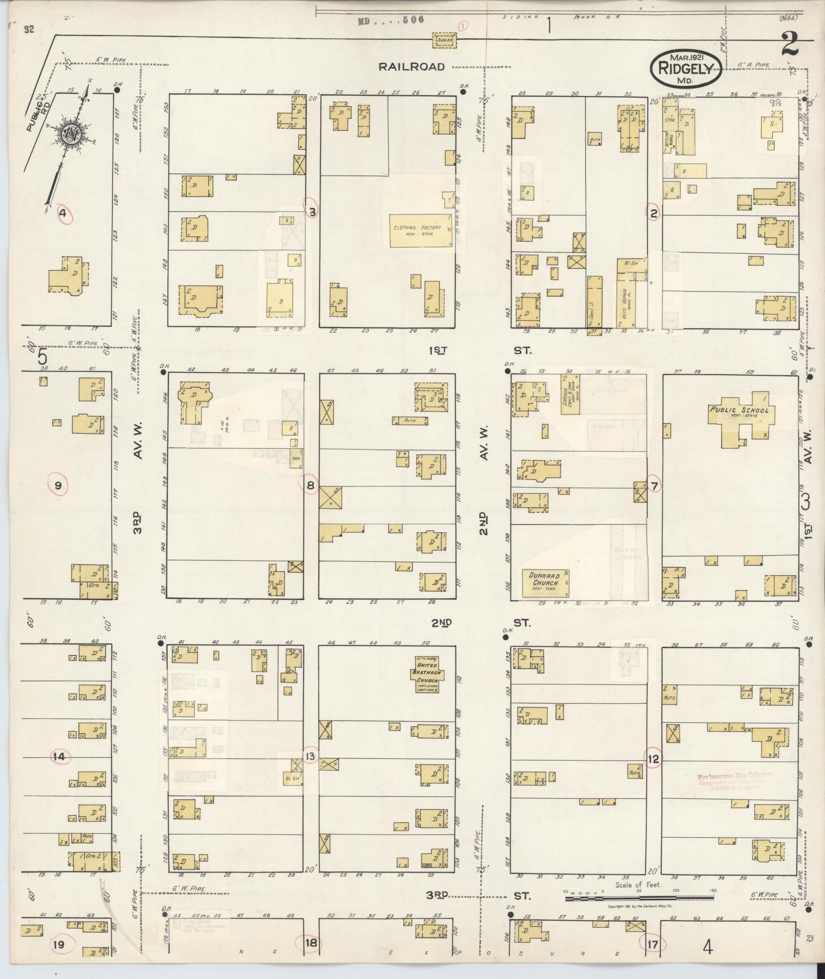 Sanborn Fire Insurance Map from Ridgely, Caroline County, Maryland (1934), Sheet #0002 - Historic Sanborn Fire Insurance Map Print, vintage old map wall art