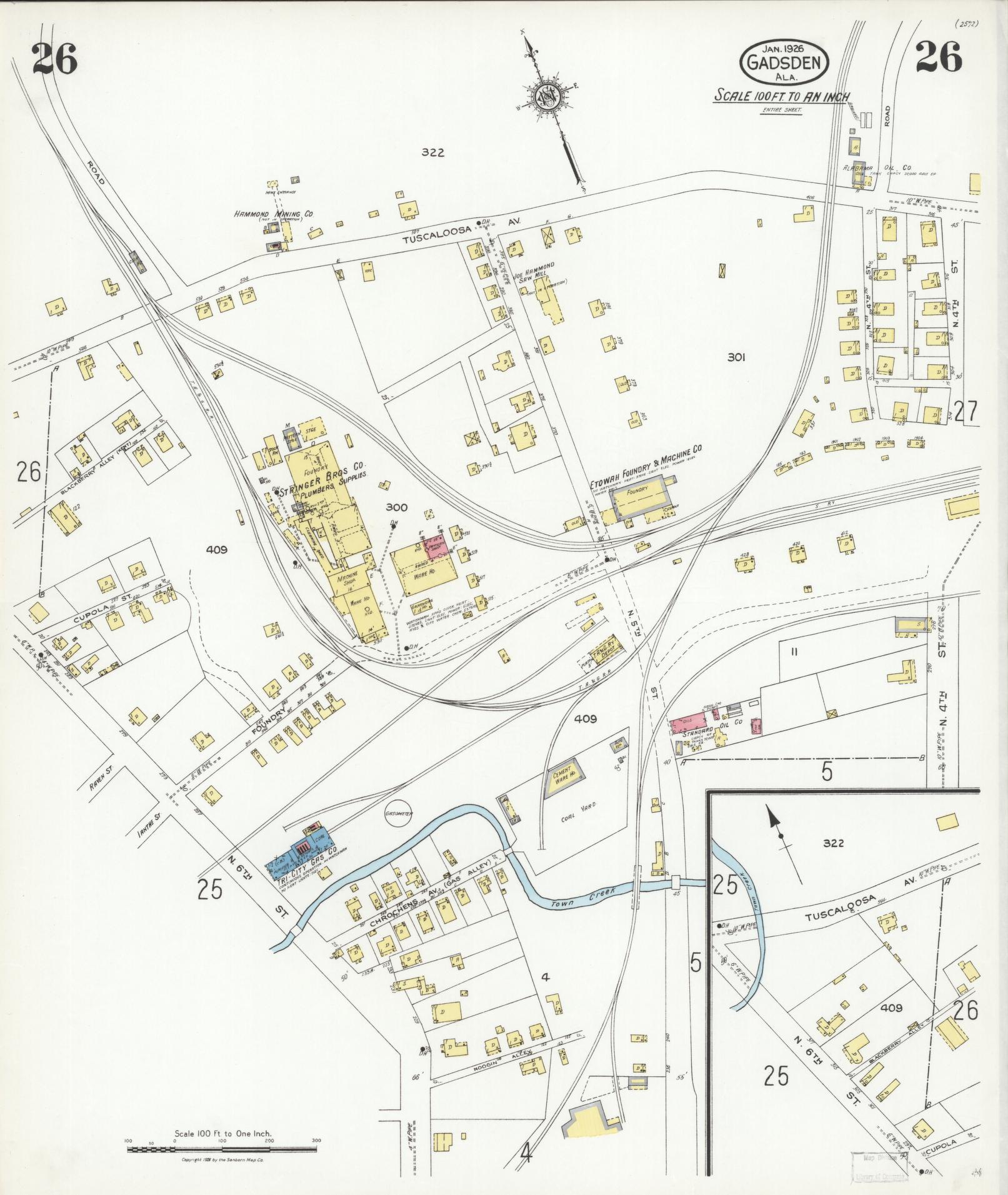 Sanborn Fire Insurance Map from Gadsden, Etowah County, Alabama (1926), Sheet #0026 - Complete Map Set gallery image, historic Sanborn map, vintage wall art, Alabama Alabama