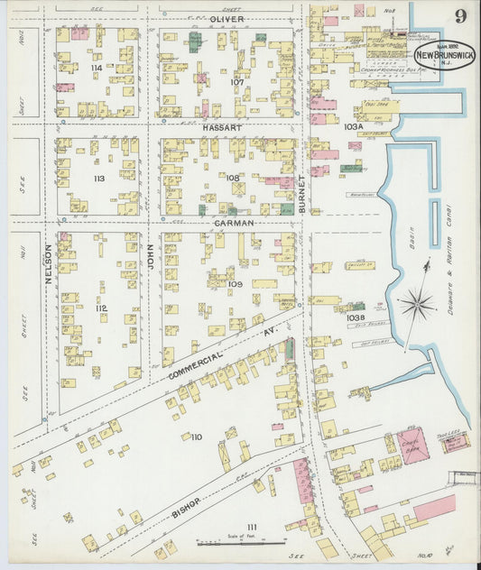 Sanborn Fire Insurance Map from New Brunswick, Middlesex County, New Jersey (1892), Sheet #0009 - Historic Sanborn Fire Insurance Map Print, vintage old map wall art, antique decor, genealogy gift, New Jersey New Jersey map