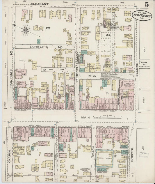 Sanborn Fire Insurance Map from Canandaigua, Ontario County, New York (1886), Sheet #0005 - Historic Sanborn Fire Insurance Map Print, vintage old map wall art, antique decor, genealogy gift, New York New York map