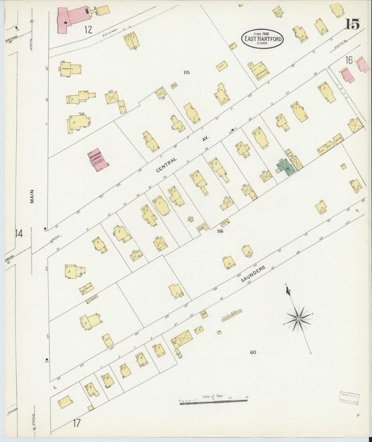 Sanborn Fire Insurance Map from East Hartford, Hartford County, Connecticut (1908), Sheet #0015 - Historic Sanborn Fire Insurance Map Print, vintage old map wall art, antique decor, genealogy gift, Connecticut Connecticut map