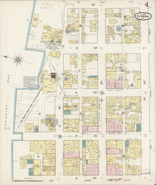 Sanborn Fire Insurance Map from Eureka, Humboldt County, California (1889), Sheet #0004 - Historic Sanborn Fire Insurance Map Print, vintage old map wall art, antique decor, genealogy gift, California California map
