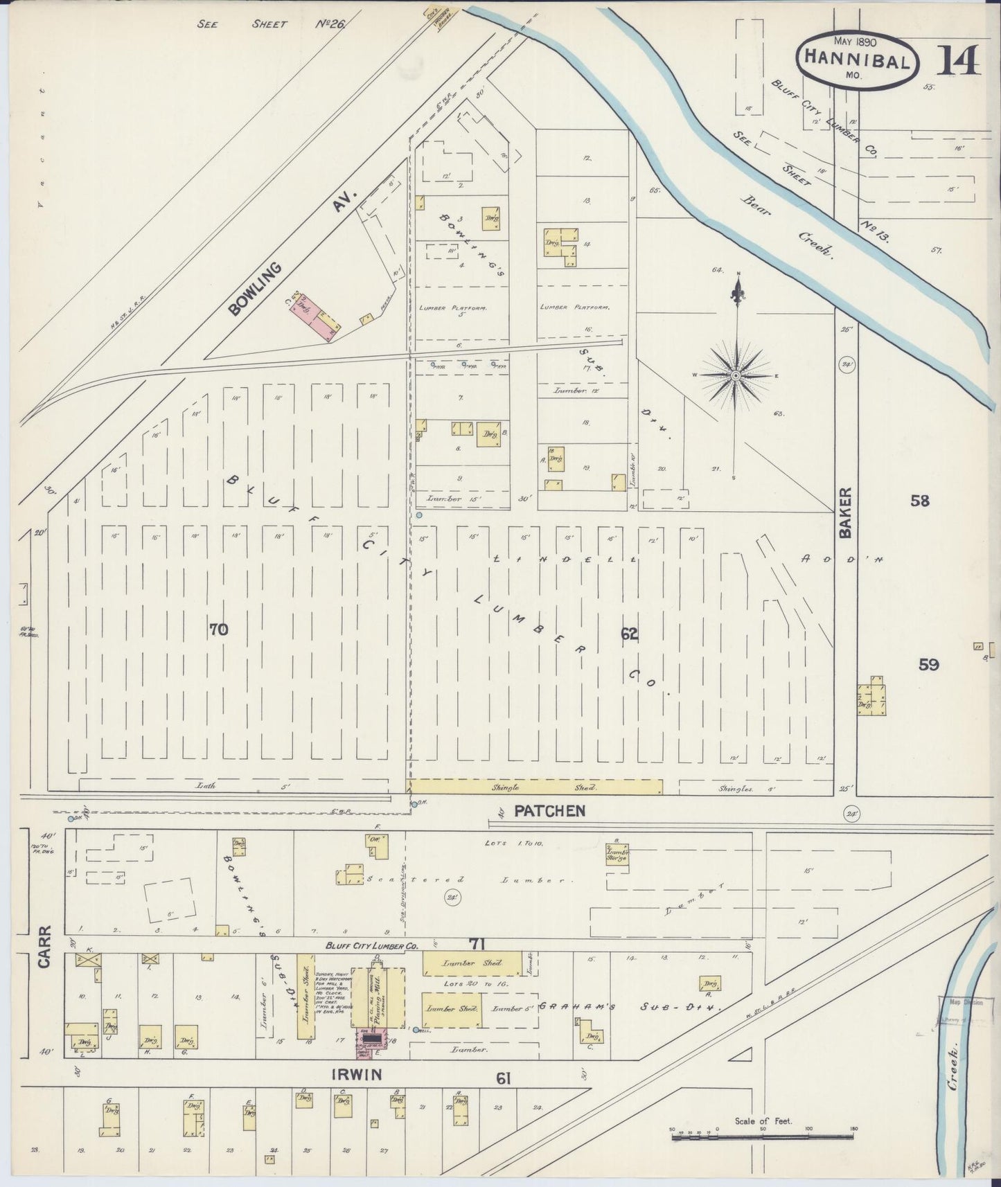 Sanborn Fire Insurance Map from Hannibal, Marion County, Missouri (1890), Sheet #0014 - Historic Sanborn Fire Insurance Map Print, vintage old map wall art, antique decor, genealogy gift, Missouri Missouri map