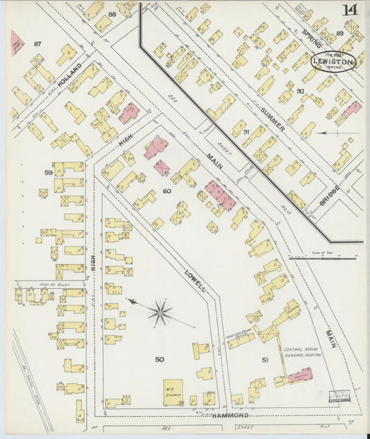 Sanborn Fire Insurance Map from Lewiston, Androscoggin County, Maine (1892), Sheet #0014 - Historic Sanborn Fire Insurance Map Print, vintage old map wall art, antique decor, genealogy gift, Maine Maine map
