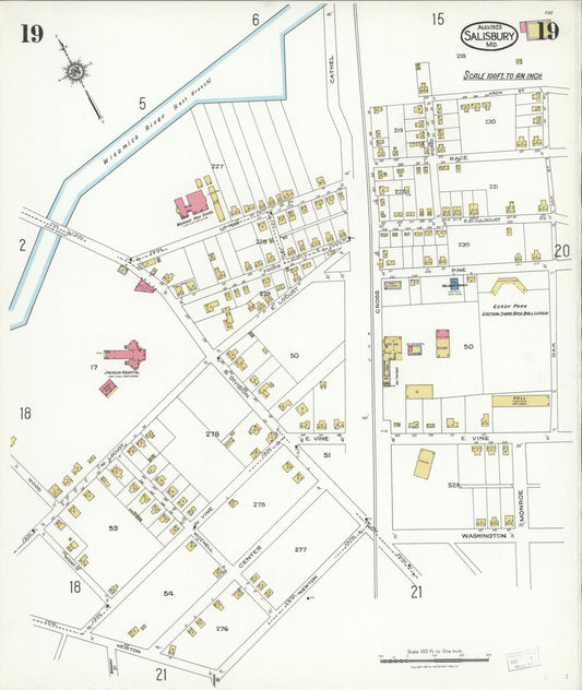 Sanborn Fire Insurance Map from Salisbury, Wicomico County, Maryland (1923), Sheet #0019 - Historic Sanborn Fire Insurance Map Print, vintage old map wall art, antique decor, genealogy gift, Maryland Maryland map