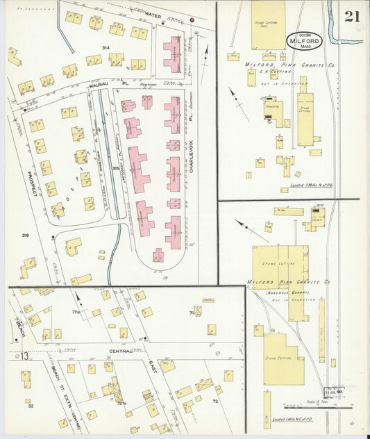 Sanborn Fire Insurance Map from Milford, Worcester County, Massachusetts (1910), Sheet #0021 - Historic Sanborn Fire Insurance Map Print, vintage old map wall art, antique decor, genealogy gift, Massachusetts Massachusetts map