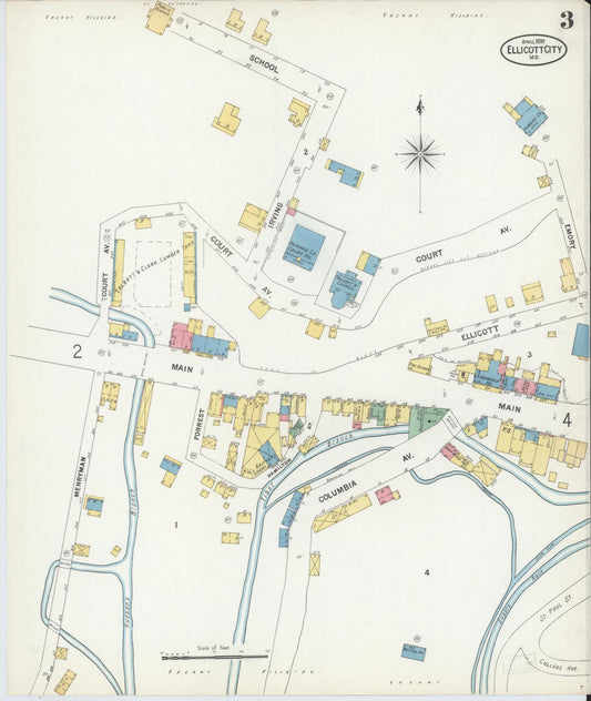 Sanborn Fire Insurance Map from Ellicott City, Howard County, Maryland (1899), Sheet #0003 - Historic Sanborn Fire Insurance Map Print, vintage old map wall art, antique decor, genealogy gift, Maryland Maryland map