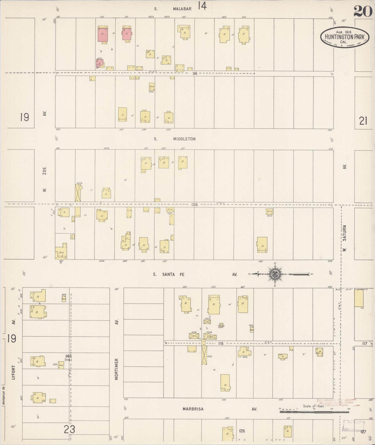 Sanborn Fire Insurance Map from Huntington Park, Los Angeles County, California (1916), Sheet #0020 - Complete Map Set gallery image, historic Sanborn map, vintage wall art, California California